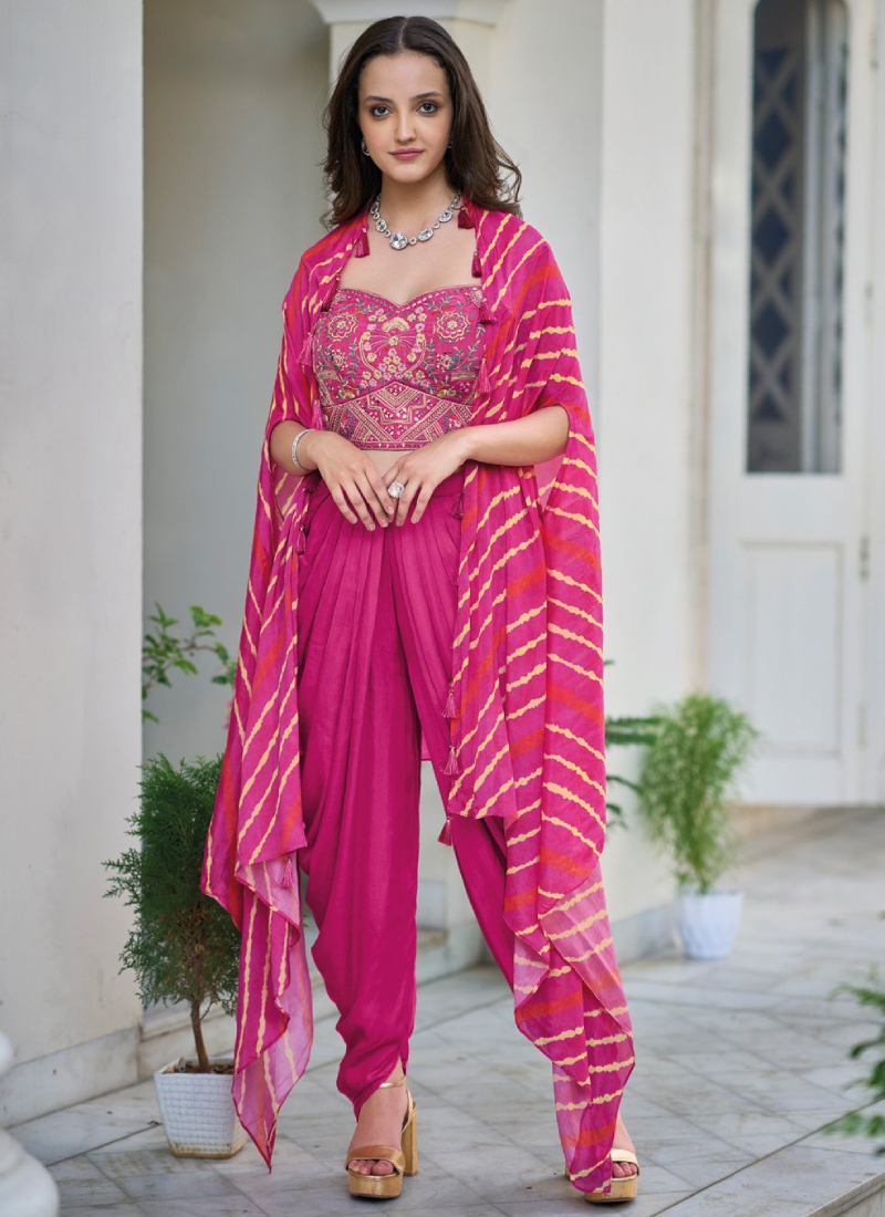 Stylish Pink Satin Silk Indo Western Dhoti Top With Jacket