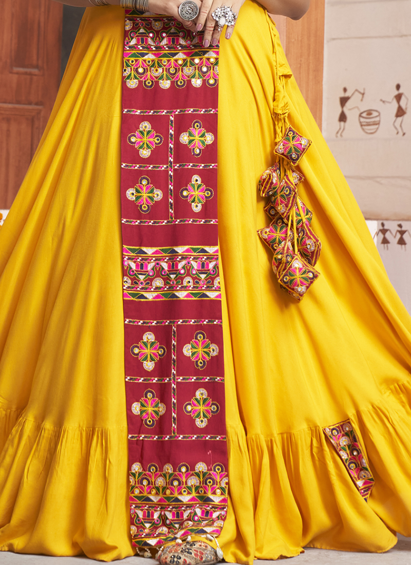 Stylist Real Mirror Embroidered Rayon Yellow Lehenga Choli