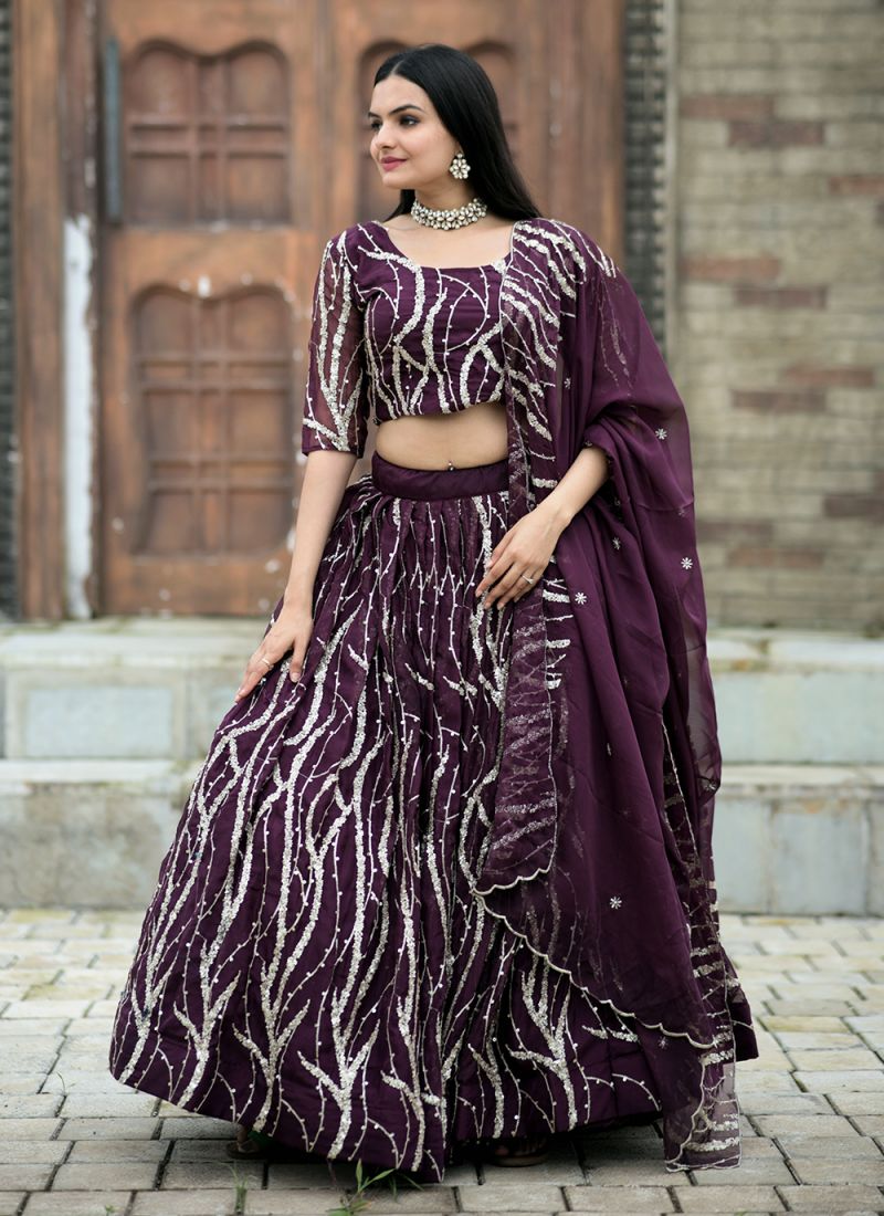 Tabby Silk Wine Sequence Embroidered Work Lehenga Choli