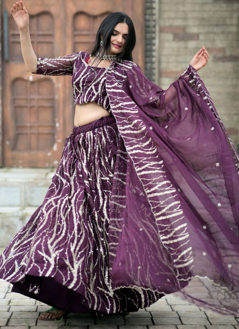 Tabby Silk Wine Sequence Embroidered Work Lehenga Choli