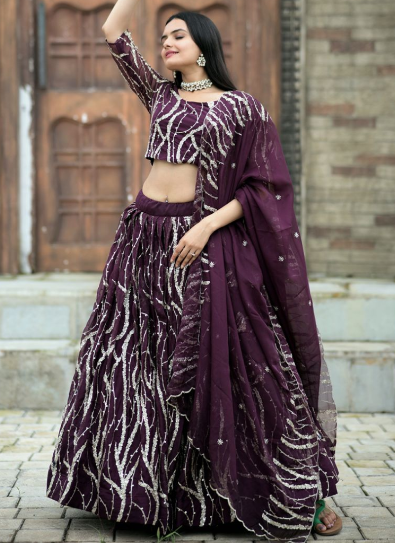 Tabby Silk Wine Sequence Embroidered Work Lehenga Choli