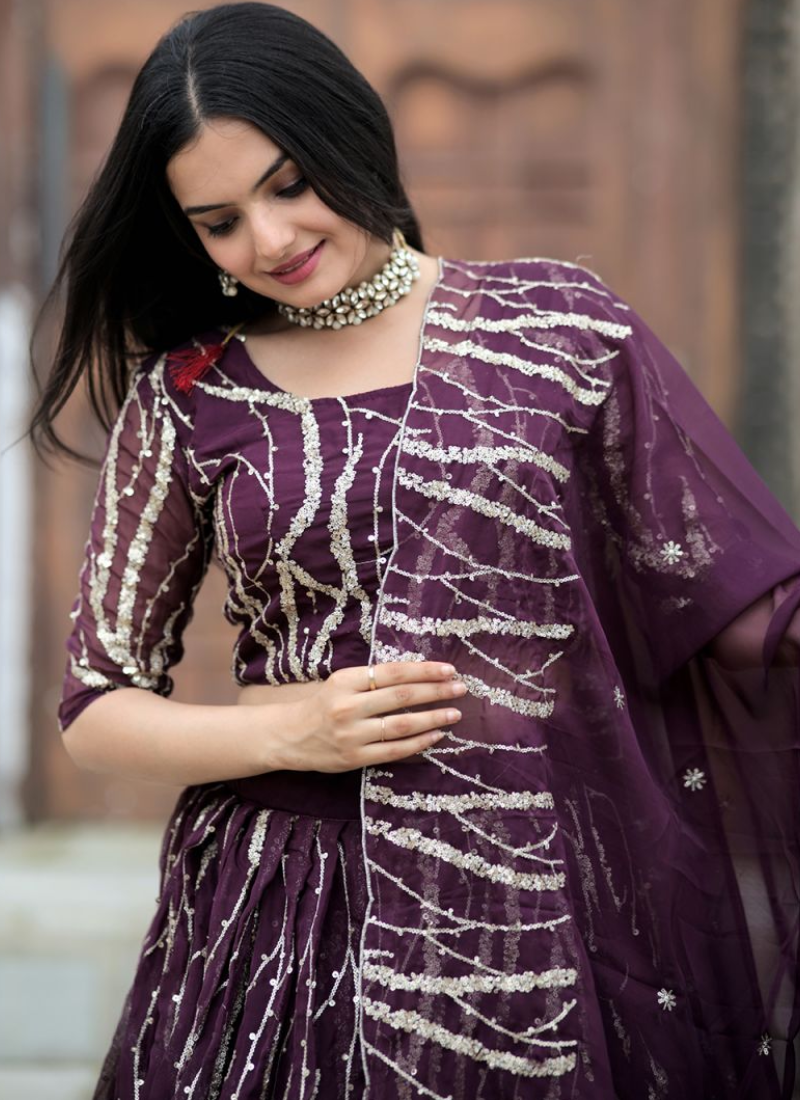 Tabby Silk Wine Sequence Embroidered Work Lehenga Choli