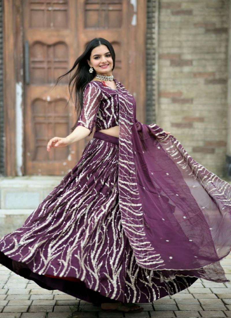 Tabby Silk Wine Sequence Embroidered Work Lehenga Choli