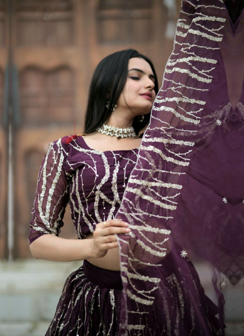 Tabby Silk Wine Sequence Embroidered Work Lehenga Choli