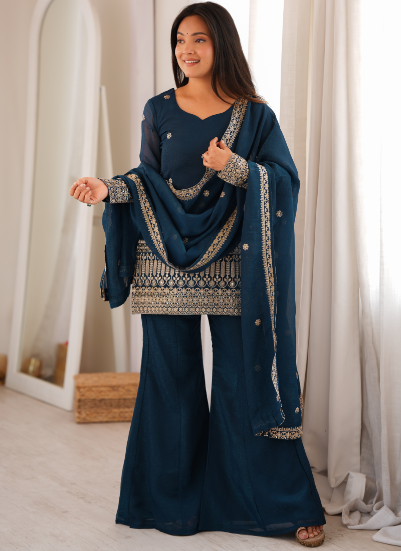 Teal Blue Crunchy Silk Embroidered Sequence Kurta Bell Bottom Set