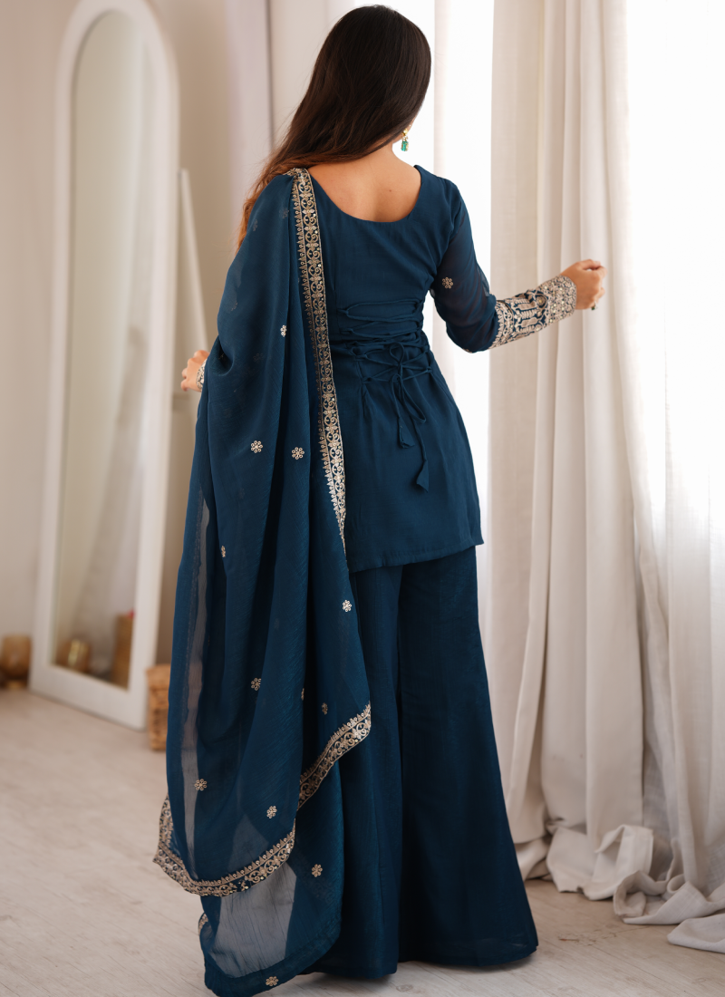 Teal Blue Crunchy Silk Embroidered Sequence Kurta Bell Bottom Set