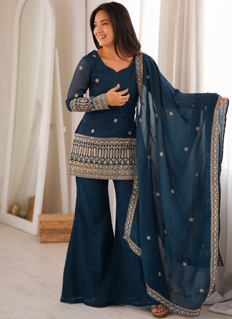 Teal Blue Crunchy Silk Embroidered Sequence Kurta Bell Bottom Set