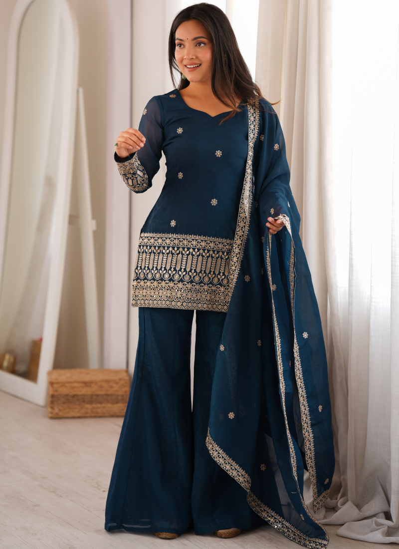 Teal Blue Crunchy Silk Embroidered Sequence Kurta Bell Bottom Set