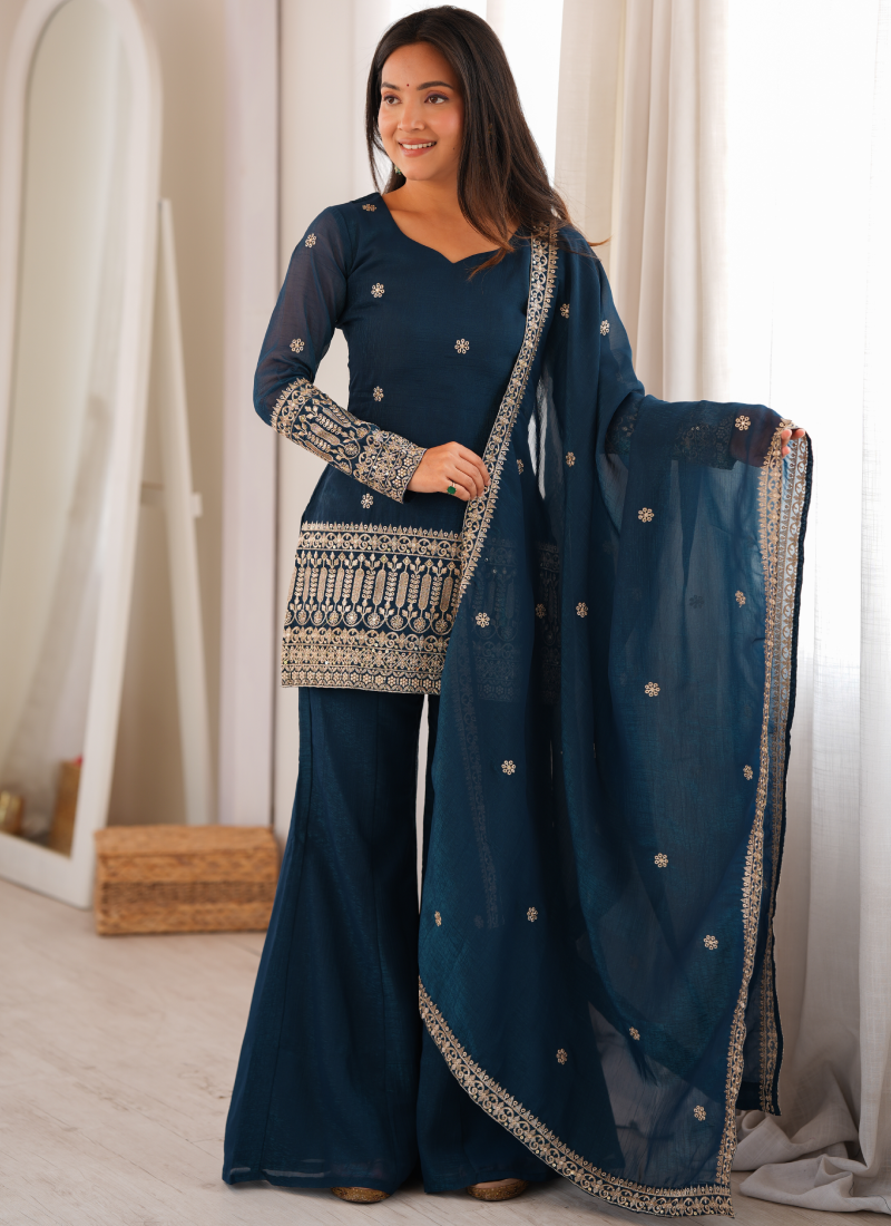 Teal Blue Crunchy Silk Embroidered Sequence Kurta Bell Bottom Set