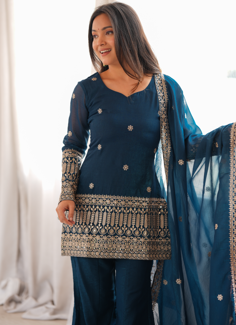 Teal Blue Crunchy Silk Embroidered Sequence Kurta Bell Bottom Set