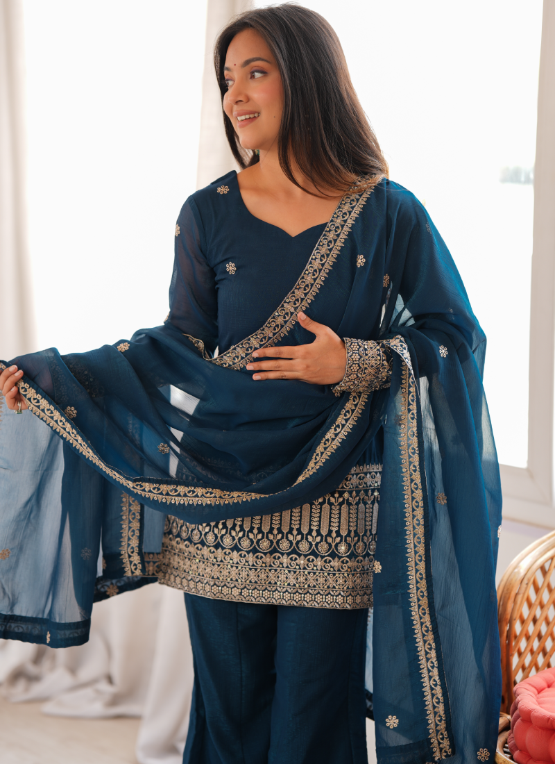 Teal Blue Crunchy Silk Embroidered Sequence Kurta Bell Bottom Set