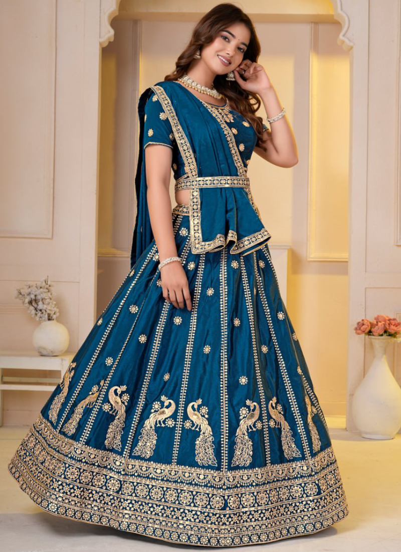Teal Blue Embroidered Sequence Chinon Silk Party Wear Lehenga Choli
