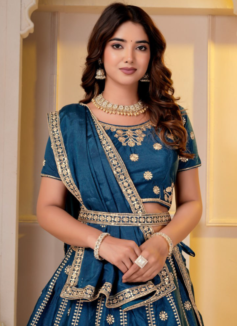 Teal Blue Embroidered Sequence Chinon Silk Party Wear Lehenga Choli