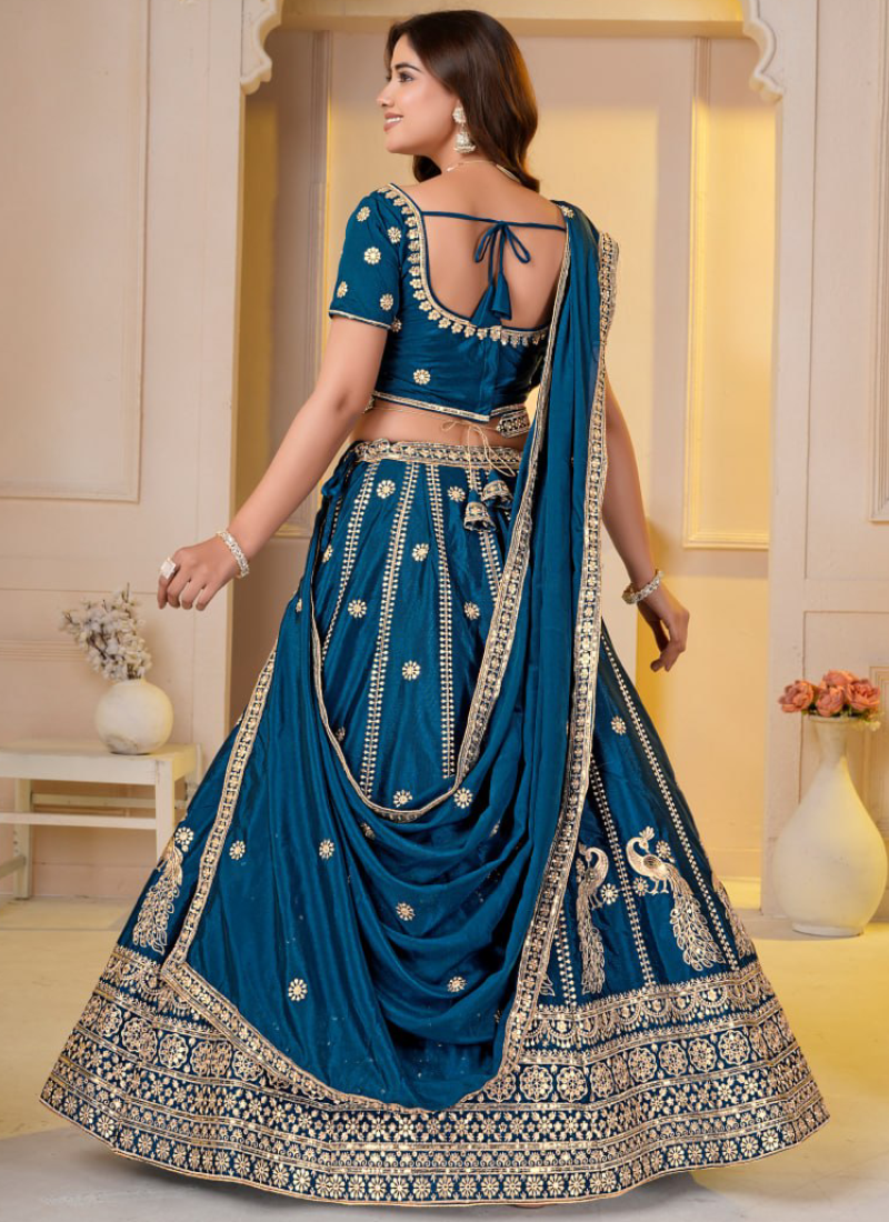 Teal Blue Embroidered Sequence Chinon Silk Party Wear Lehenga Choli