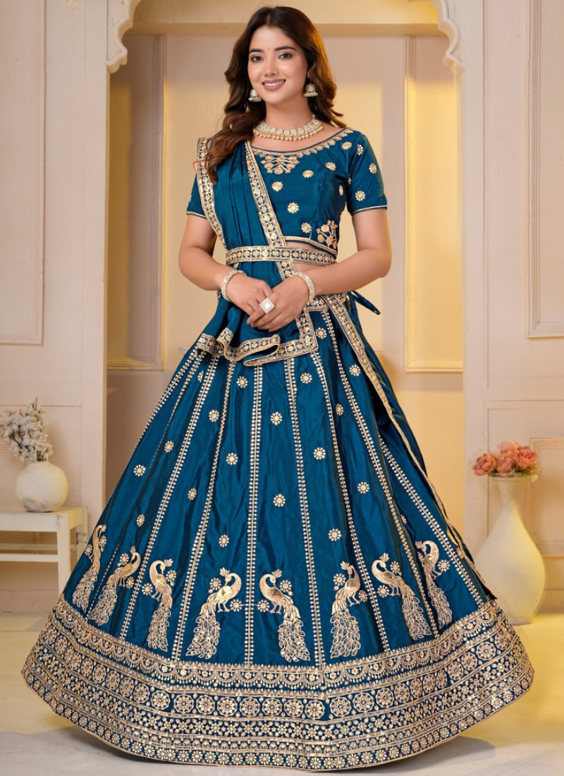 Teal Blue Embroidered Sequence Chinon Silk Party Wear Lehenga Choli