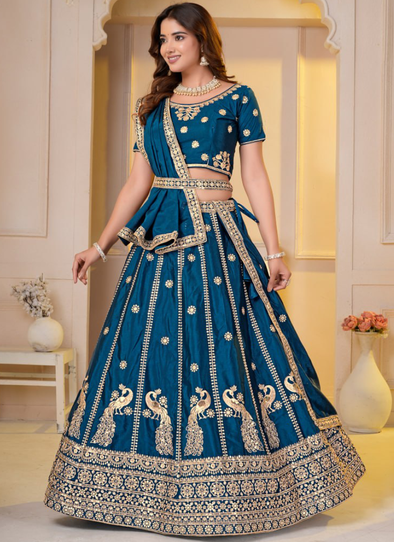 Teal Blue Embroidered Sequence Chinon Silk Party Wear Lehenga Choli