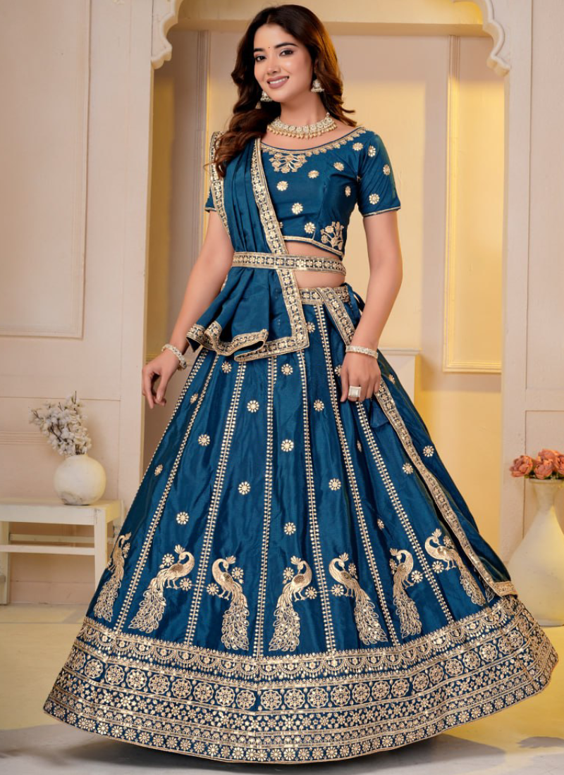 Teal Blue Embroidered Sequence Chinon Silk Party Wear Lehenga Choli