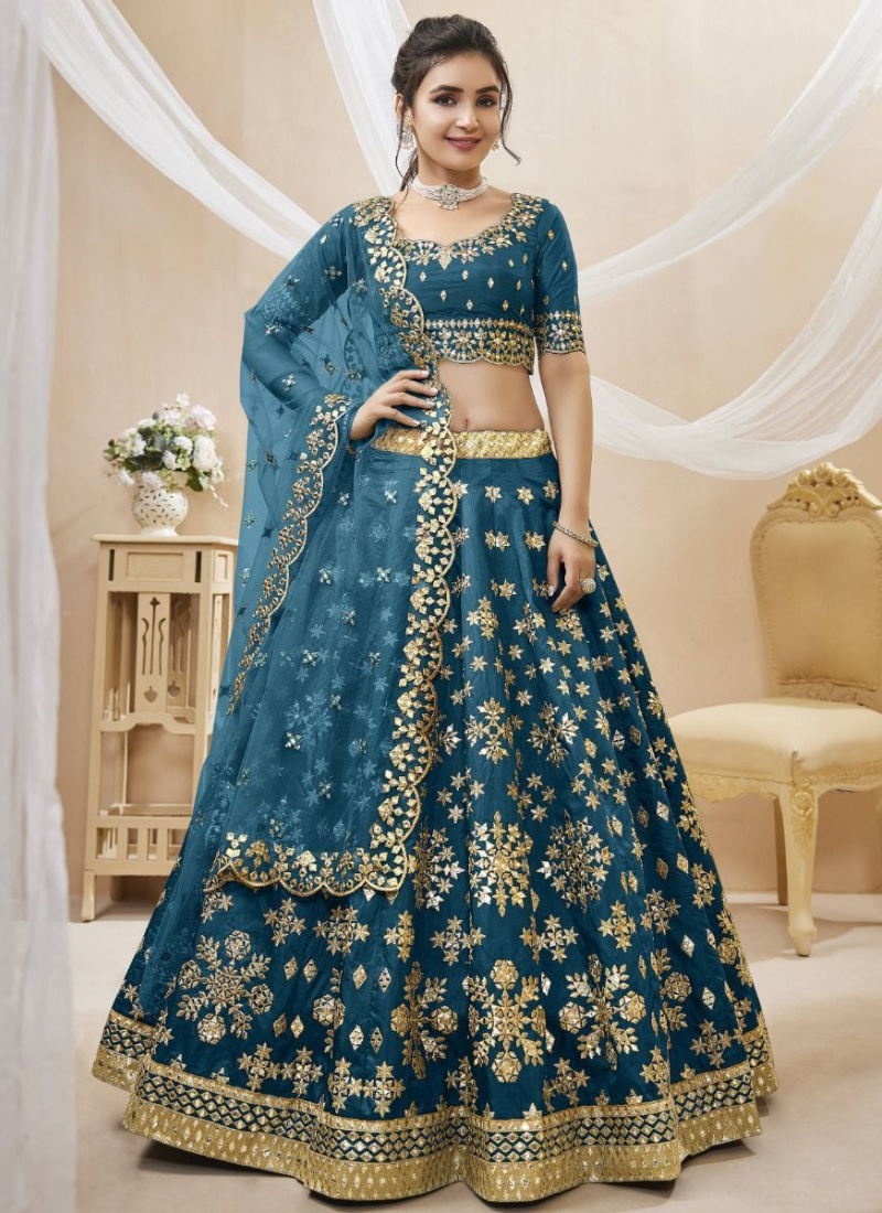 Teal Blue Foil Mirror Embroidered Mulberry Silk Lehenga Choli