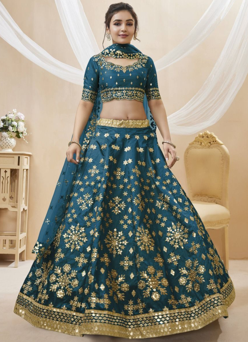 Teal Blue Foil Mirror Embroidered Mulberry Silk Lehenga Choli
