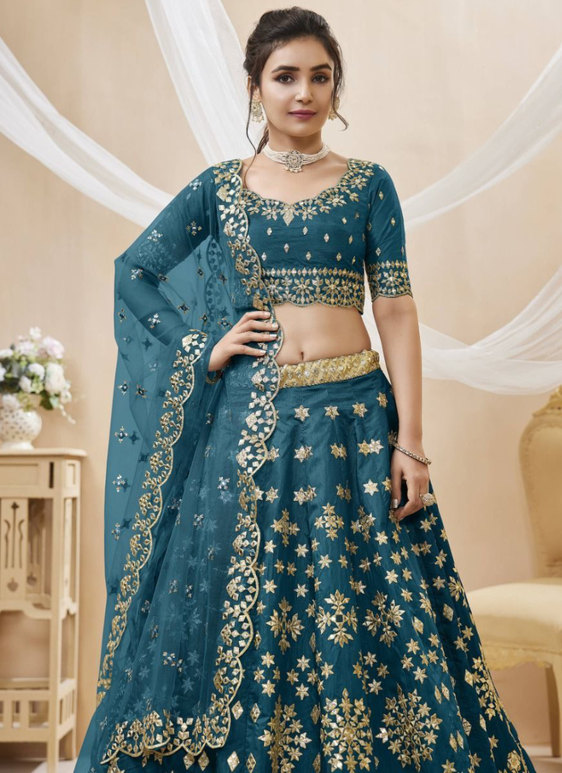 Teal Blue Foil Mirror Embroidered Mulberry Silk Lehenga Choli