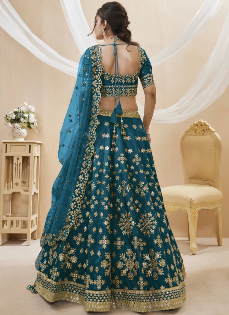 Teal Blue Foil Mirror Embroidered Mulberry Silk Lehenga Choli