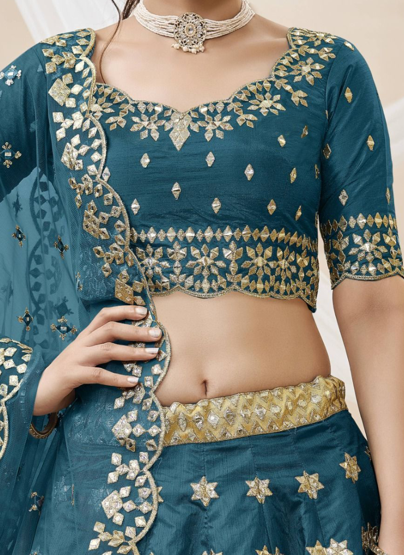 Teal Blue Foil Mirror Embroidered Mulberry Silk Lehenga Choli