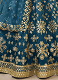 Teal Blue Foil Mirror Embroidered Mulberry Silk Lehenga Choli