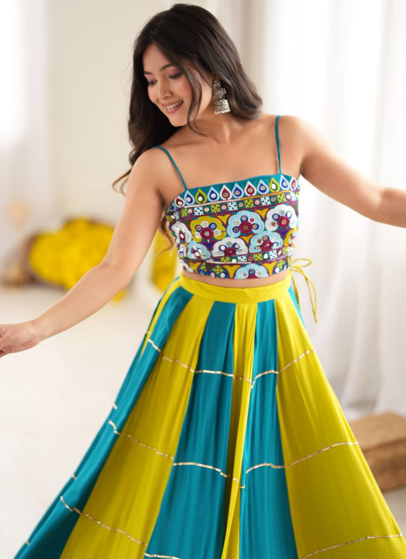 Teal Blue Heavy Rayon Thread Mirror Gota Patti Lehenga For Navratri