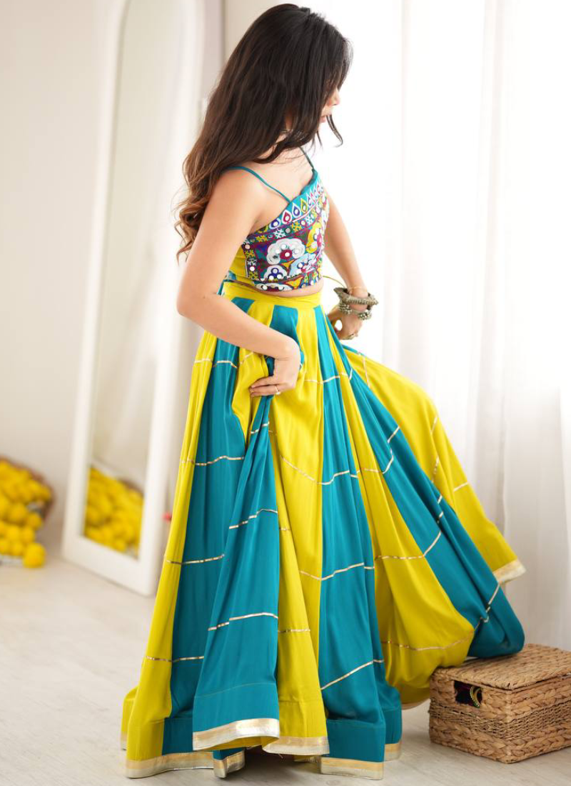 Teal Blue Heavy Rayon Thread Mirror Gota Patti Lehenga For Navratri