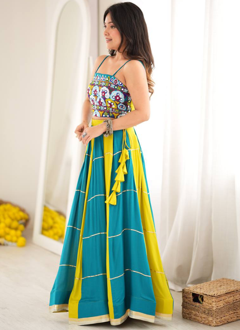 Teal Blue Heavy Rayon Thread Mirror Gota Patti Lehenga For Navratri