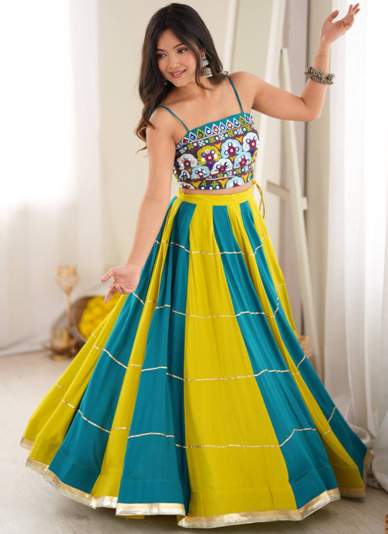 Teal Blue Heavy Rayon Thread Mirror Gota Patti Lehenga For Navratri