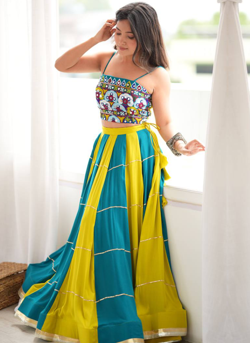 Teal Blue Heavy Rayon Thread Mirror Gota Patti Lehenga For Navratri