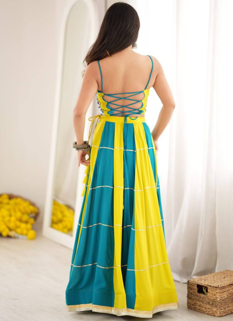 Teal Blue Heavy Rayon Thread Mirror Gota Patti Lehenga For Navratri
