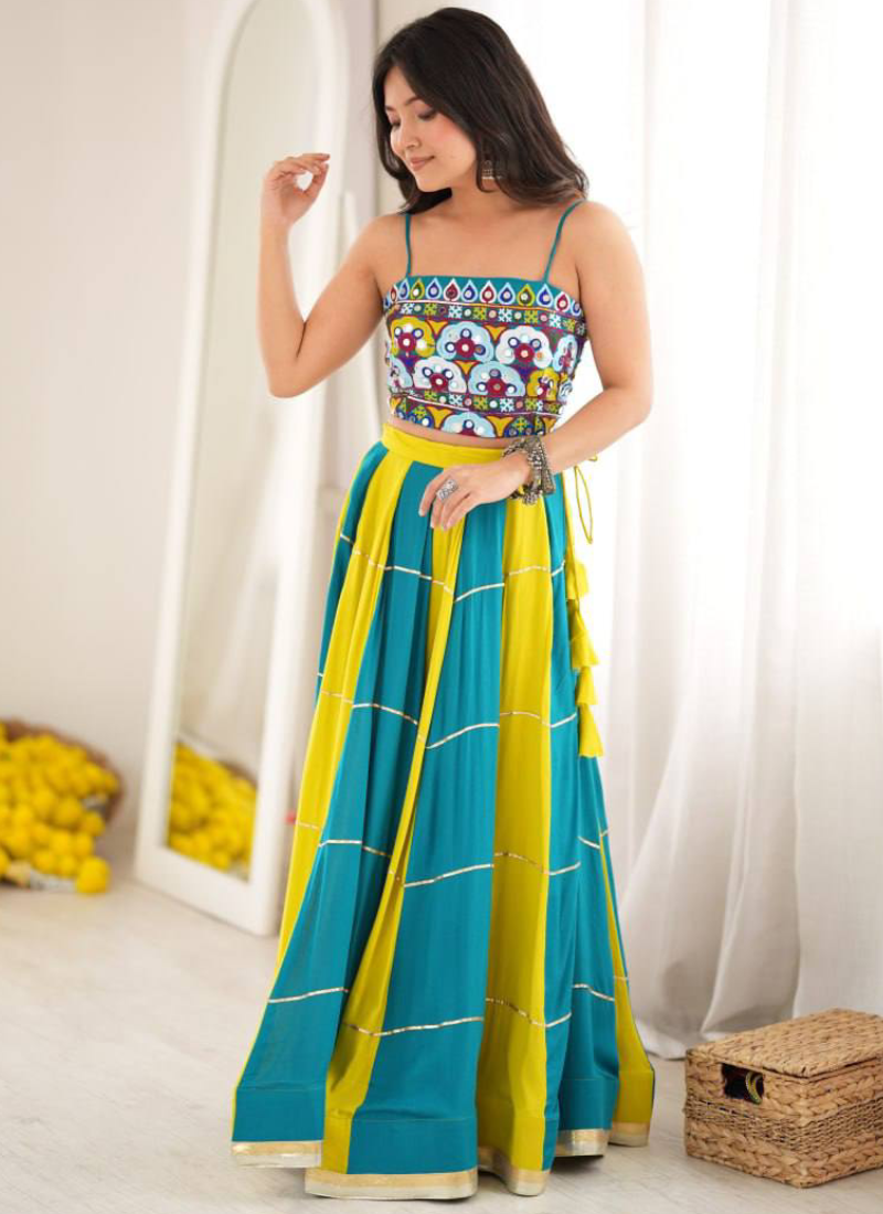 Teal Blue Heavy Rayon Thread Mirror Gota Patti Lehenga For Navratri