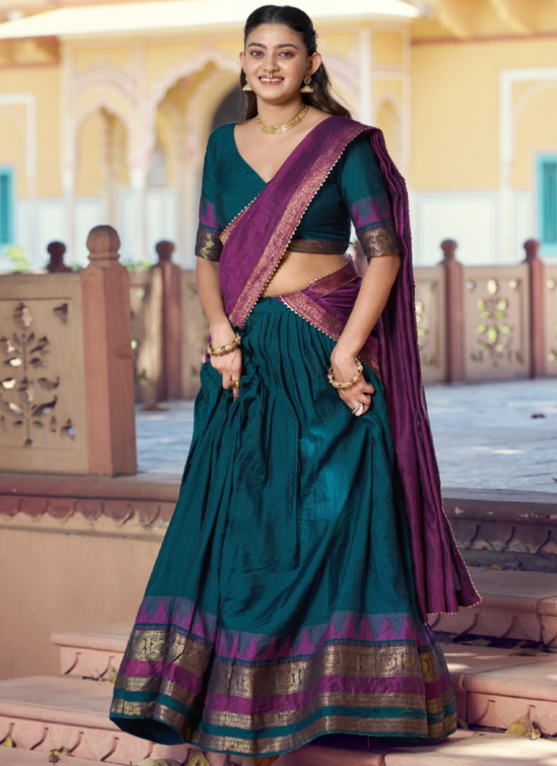 Teal Blue Poly Dyeable Zari Chanderi Weaving Half Saree Lehenga 