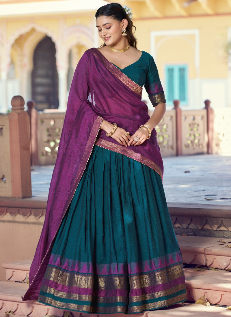 Teal Blue Poly Dyeable Zari Chanderi Weaving Half Saree Lehenga 