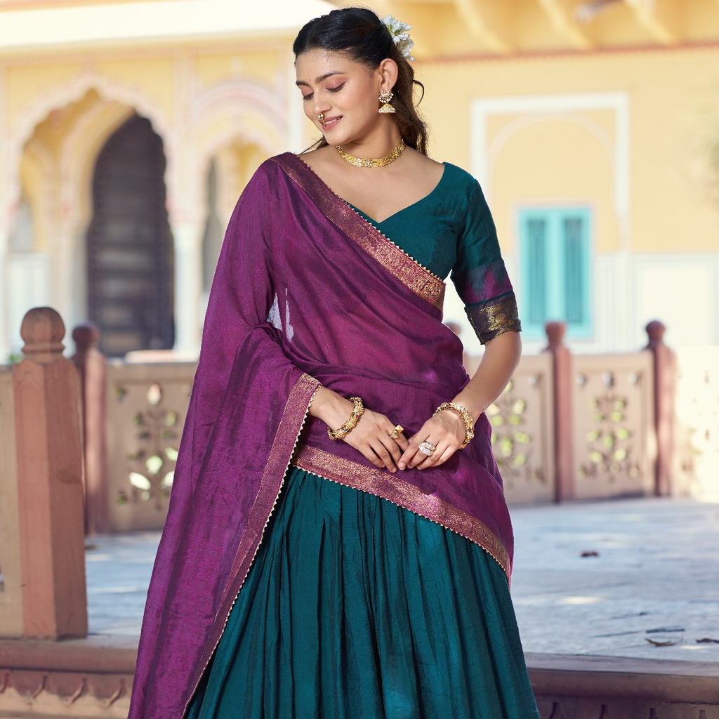 Teal Blue Poly Dyeable Zari Chanderi Weaving Half Saree Lehenga 