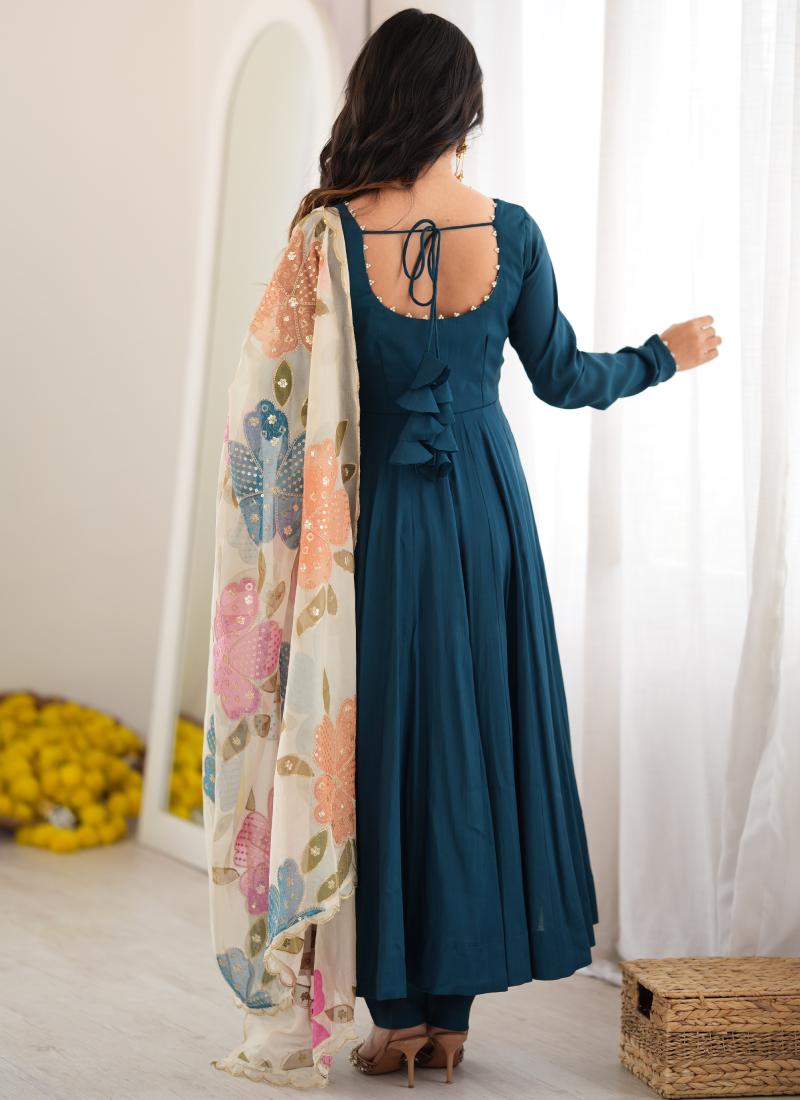 Teal Blue Pure Roman Silk Pearl Detailing Organza Dupatta Anarkali Set