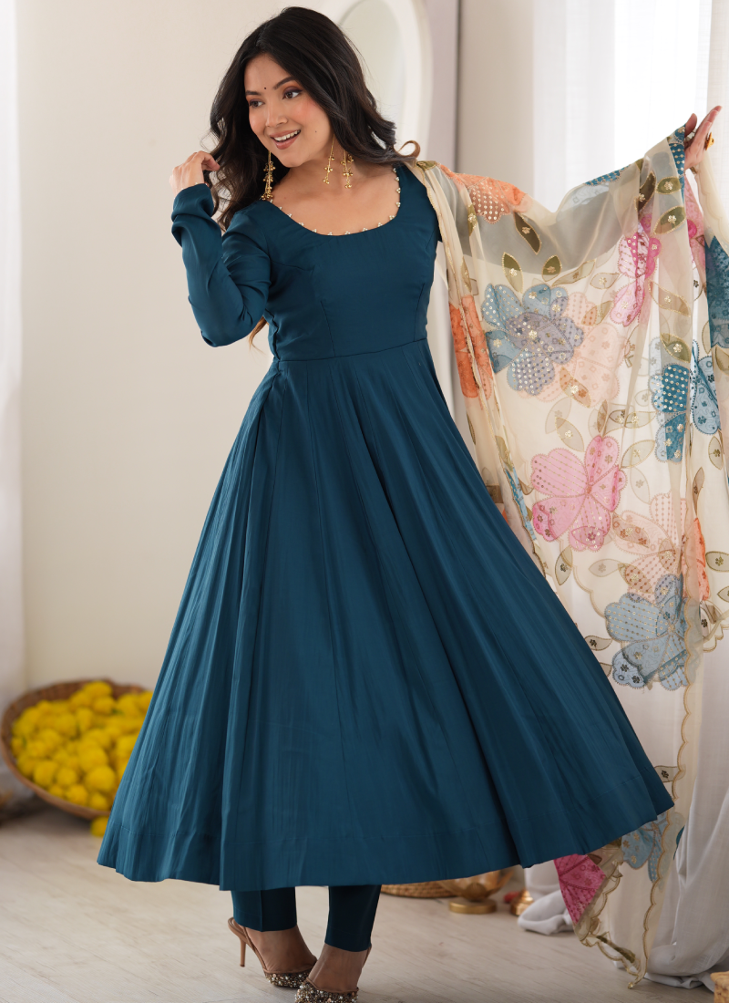 Teal Blue Pure Roman Silk Pearl Detailing Organza Dupatta Anarkali Set