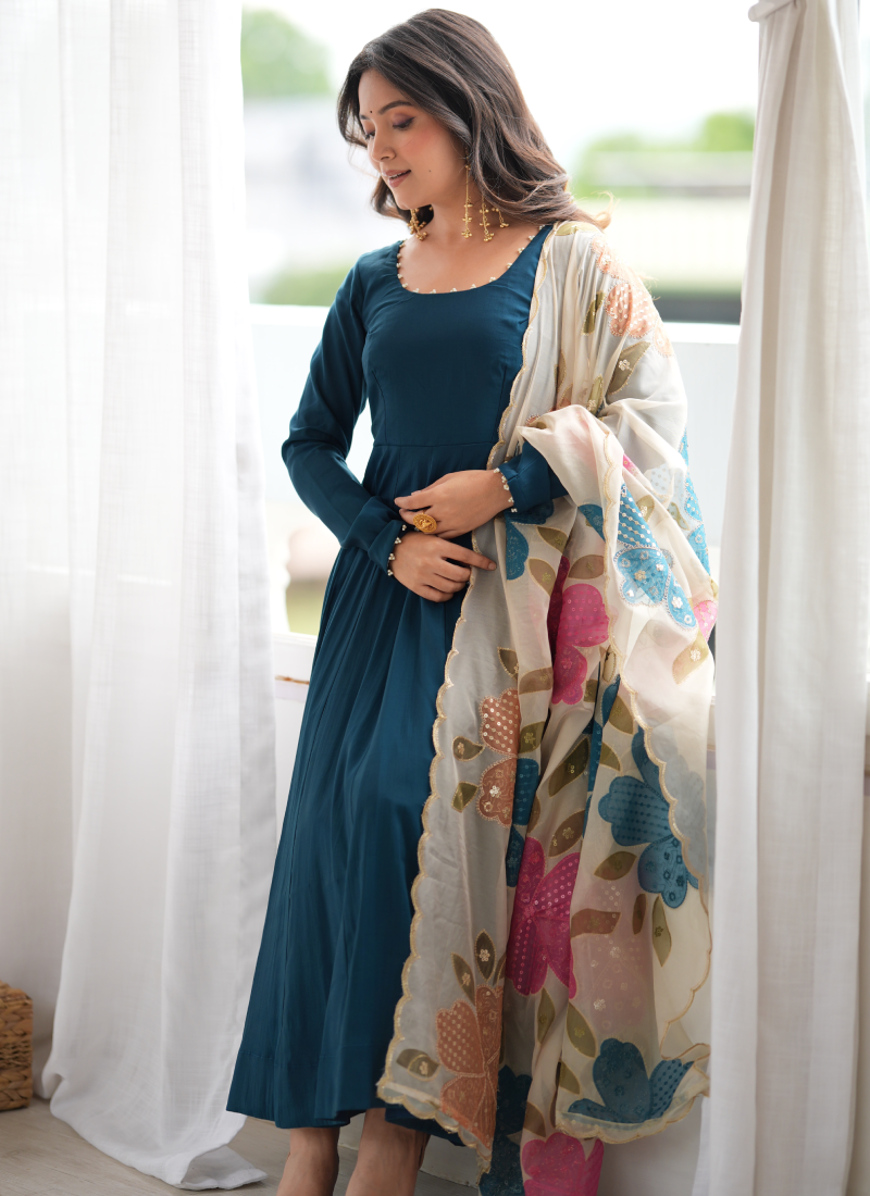 Teal Blue Pure Roman Silk Pearl Detailing Organza Dupatta Anarkali Set