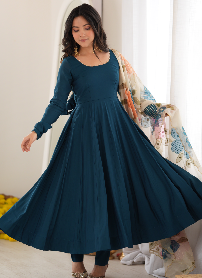 Teal Blue Pure Roman Silk Pearl Detailing Organza Dupatta Anarkali Set
