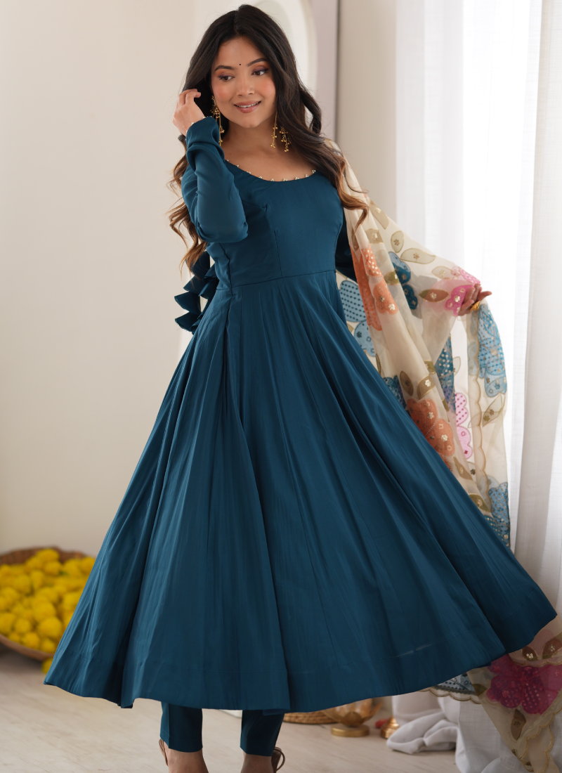 Teal Blue Pure Roman Silk Pearl Detailing Organza Dupatta Anarkali Set