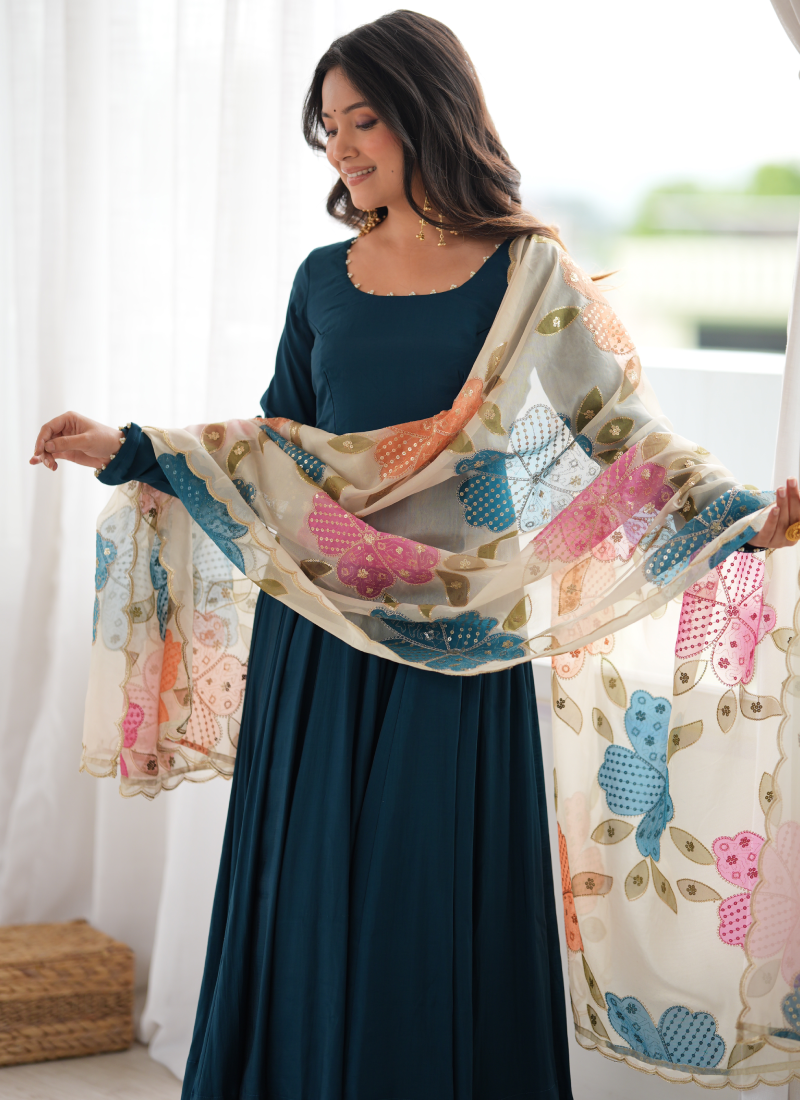 Teal Blue Pure Roman Silk Pearl Detailing Organza Dupatta Anarkali Set