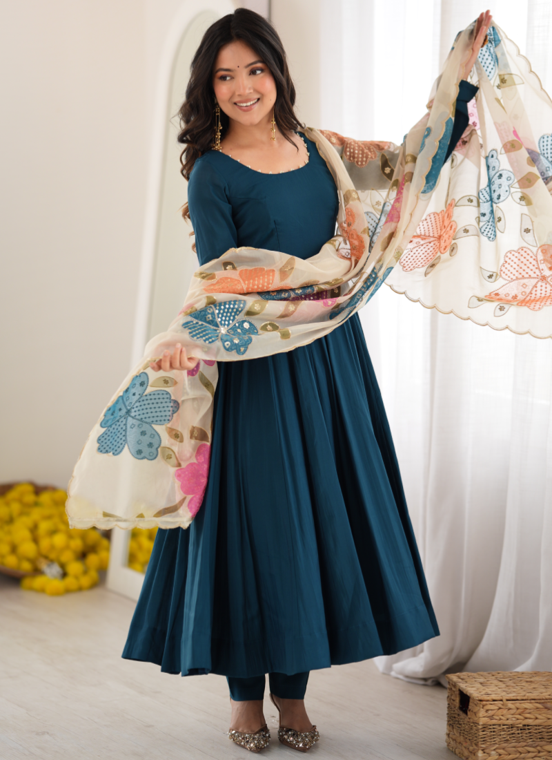 Teal Blue Pure Roman Silk Pearl Detailing Organza Dupatta Anarkali Set