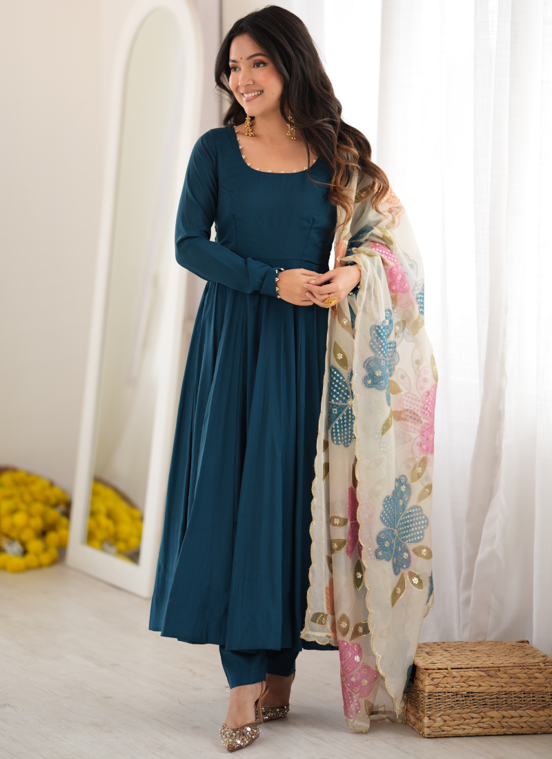 Teal Blue Pure Roman Silk Pearl Detailing Organza Dupatta Anarkali Set