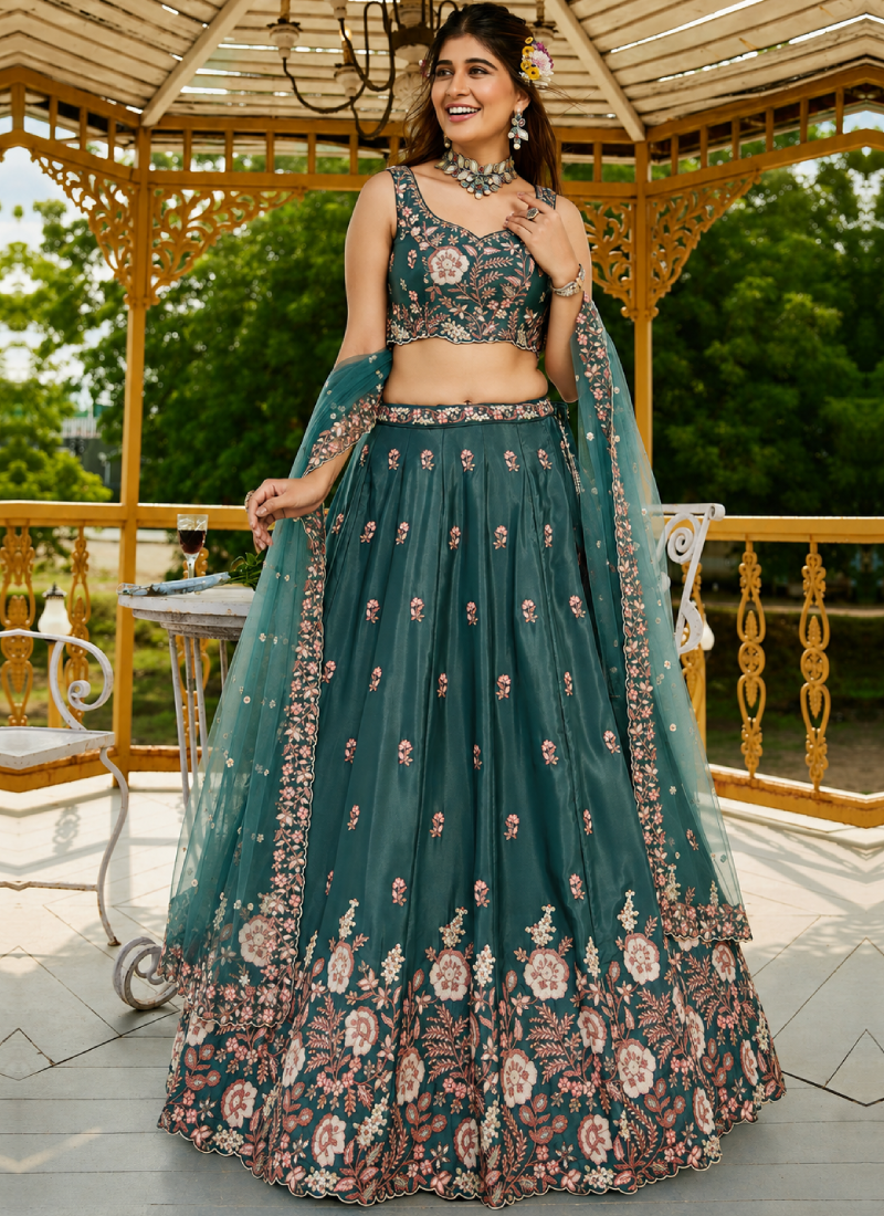 Teal Green Wedding Wear Sequence Embroidery French Crepe Lehenga Choli