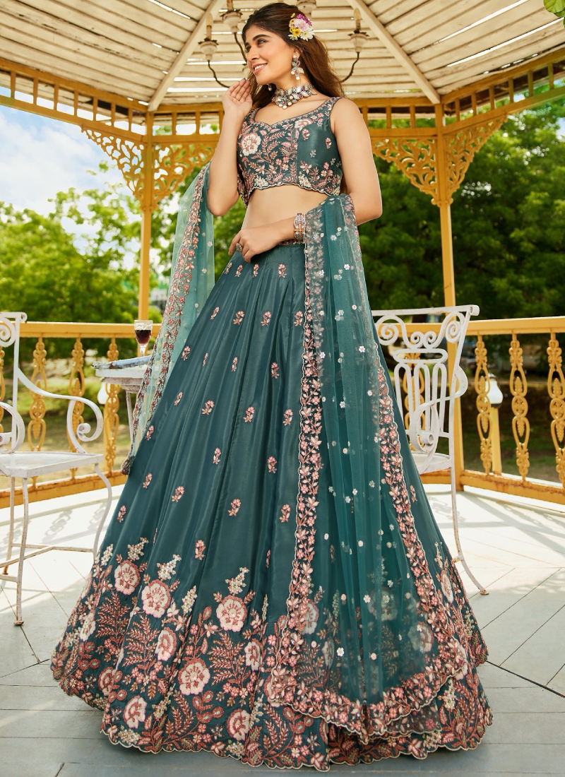 Teal Green Wedding Wear Sequence Embroidery French Crepe Lehenga Choli