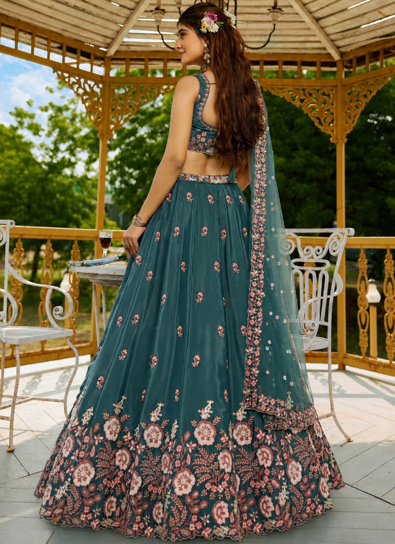 Teal Green Wedding Wear Sequence Embroidery French Crepe Lehenga Choli