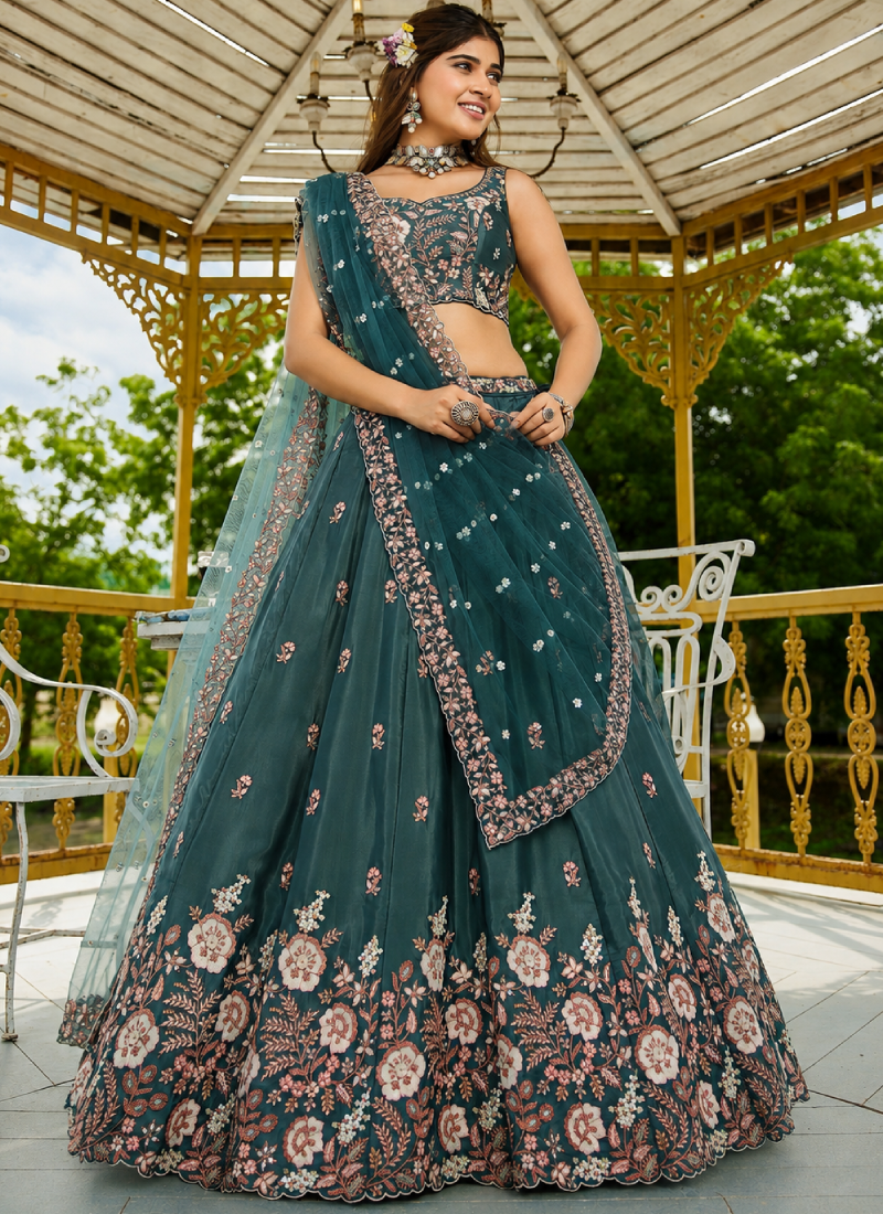 Teal Green Wedding Wear Sequence Embroidery French Crepe Lehenga Choli
