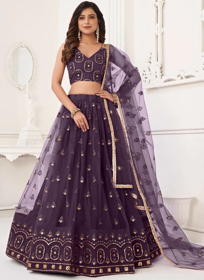 Thread Embroidered Butterfly Net Party Wear Wine Lehenga Choli